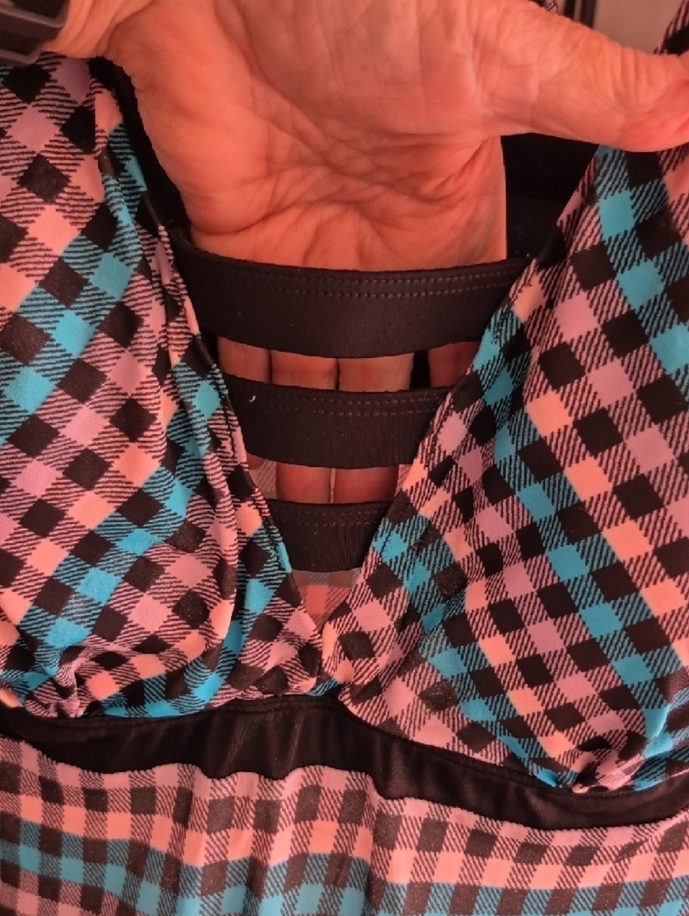 Plaid Blue, Pink & Black Women's Bathing Suit Top with Peek-a-boo 🫣cleavage